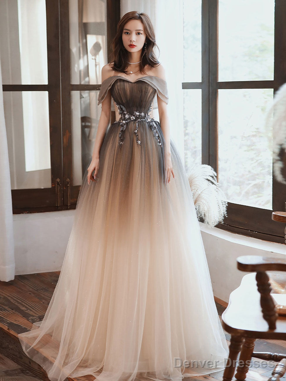 A Line Brown Long Prom Dresses, Off Shoulder Brown Formal Graduation Dresses Main image