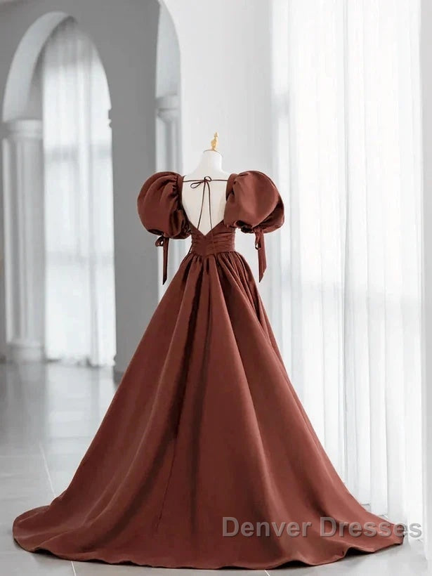 A-Line Brown Satin Ball Gown Short Sleeves Long Party Dress V-Neckline Prom Dress Secondary image