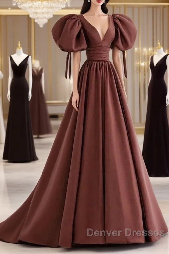 A-Line Brown Satin Ball Gown Short Sleeves Long Party Dress V-Neckline Prom Dress Main image