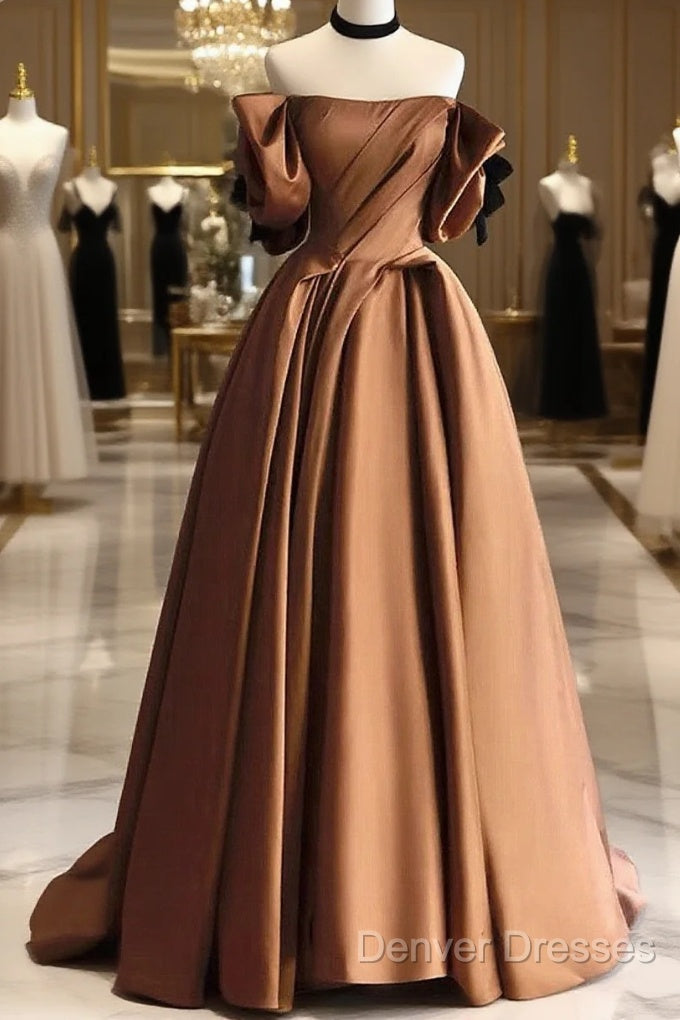 A-Line Brown Satin Off Shoulder Scoop Long Prom Dress, Satin Evening Dress