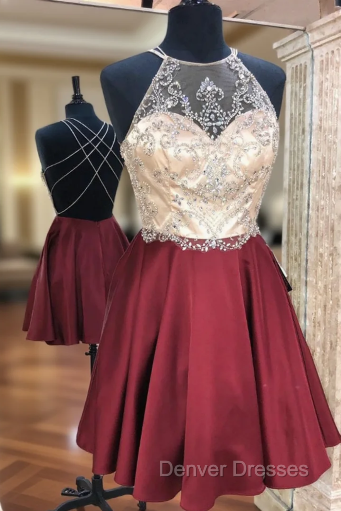 A-Line Burgundy Halter Beading Crytsal Homecoming Dress Main image