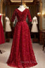 A-Line Burgundy Lace Sequins V-neck Short Sleeve Prom Dress