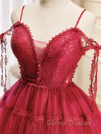 A-Line Burgundy Lace Short Prom Dress, Burgundy Puffy Homecoming Dress