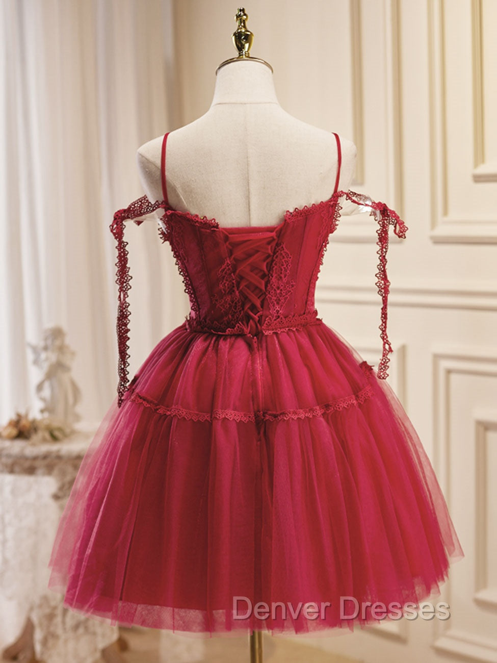 A-Line Burgundy Lace Short Prom Dress, Burgundy Puffy Homecoming Dress
