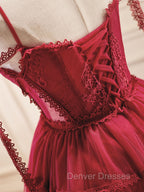 A-Line Burgundy Lace Short Prom Dress, Burgundy Puffy Homecoming Dress