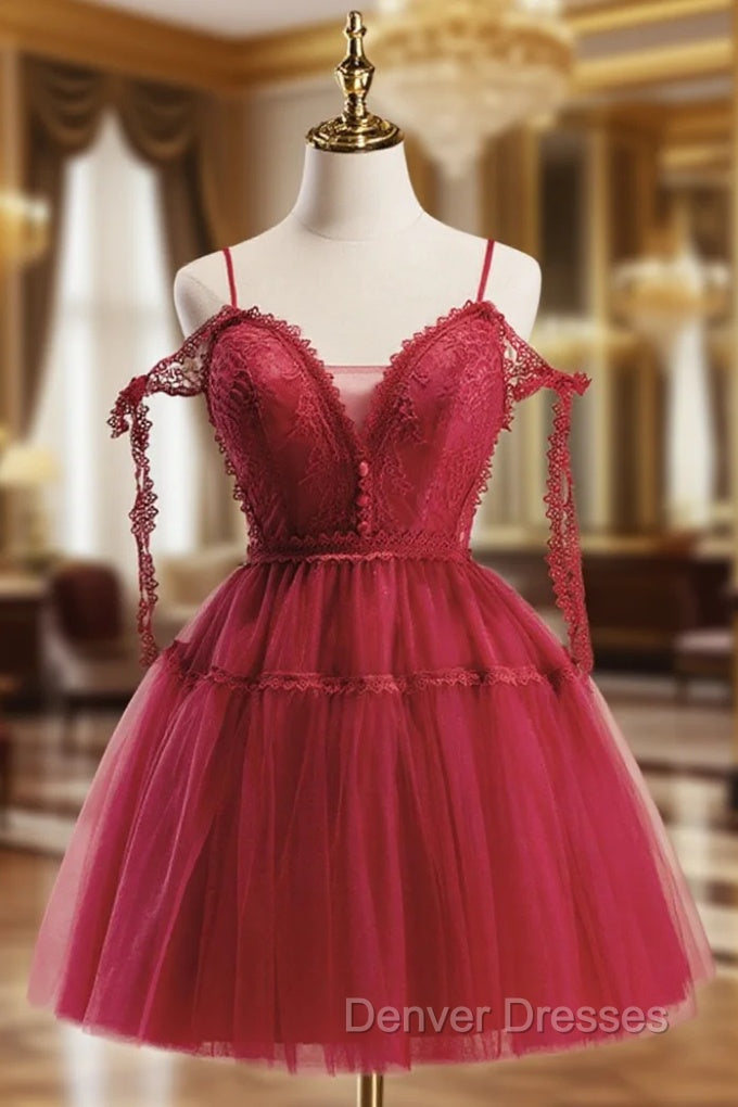 A-Line Burgundy Lace Short Prom Dress, Burgundy Puffy Homecoming Dress