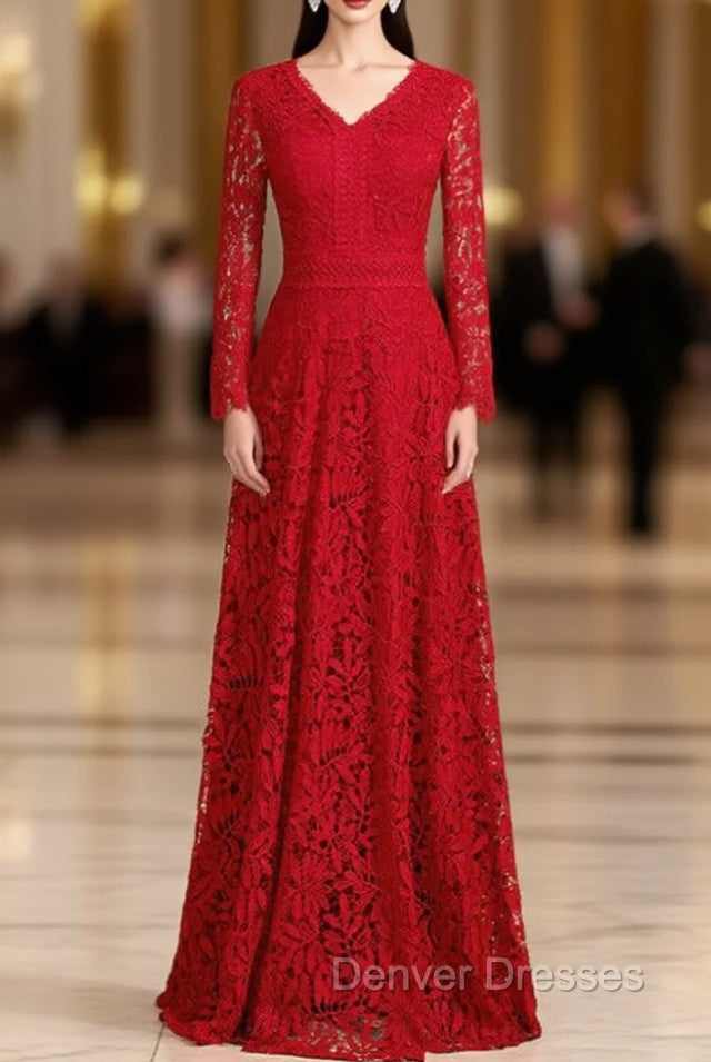 A-Line Burgundy Lace V-neck Long Sleeve Prom Dress Main image