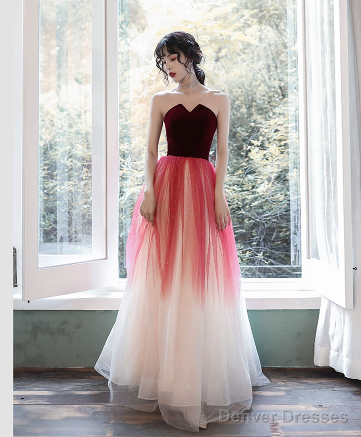 A-Line Burgundy Long Prom Dresses, Burgundy Formal Evening Dress With Velvet Main image