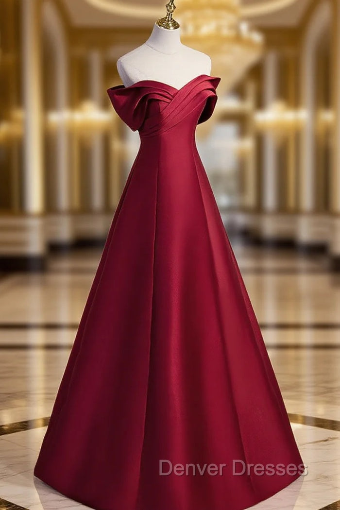 A-Line Burgundy Off Shoulder Long Prom Dress, Burgundy Evening Dress