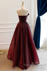 A-Line Burgundy Organza Burgundy Long Prom Dress, Burgundy Long Evening Dress