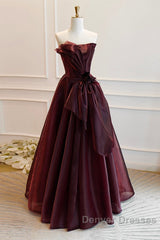 A-Line Burgundy Organza Burgundy Long Prom Dress, Burgundy Long Evening Dress