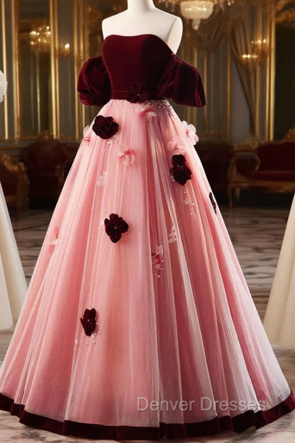 A-Line Burgundy/Pink Tulle Velvet Long Prom Dress, Burgundy Formal Dress