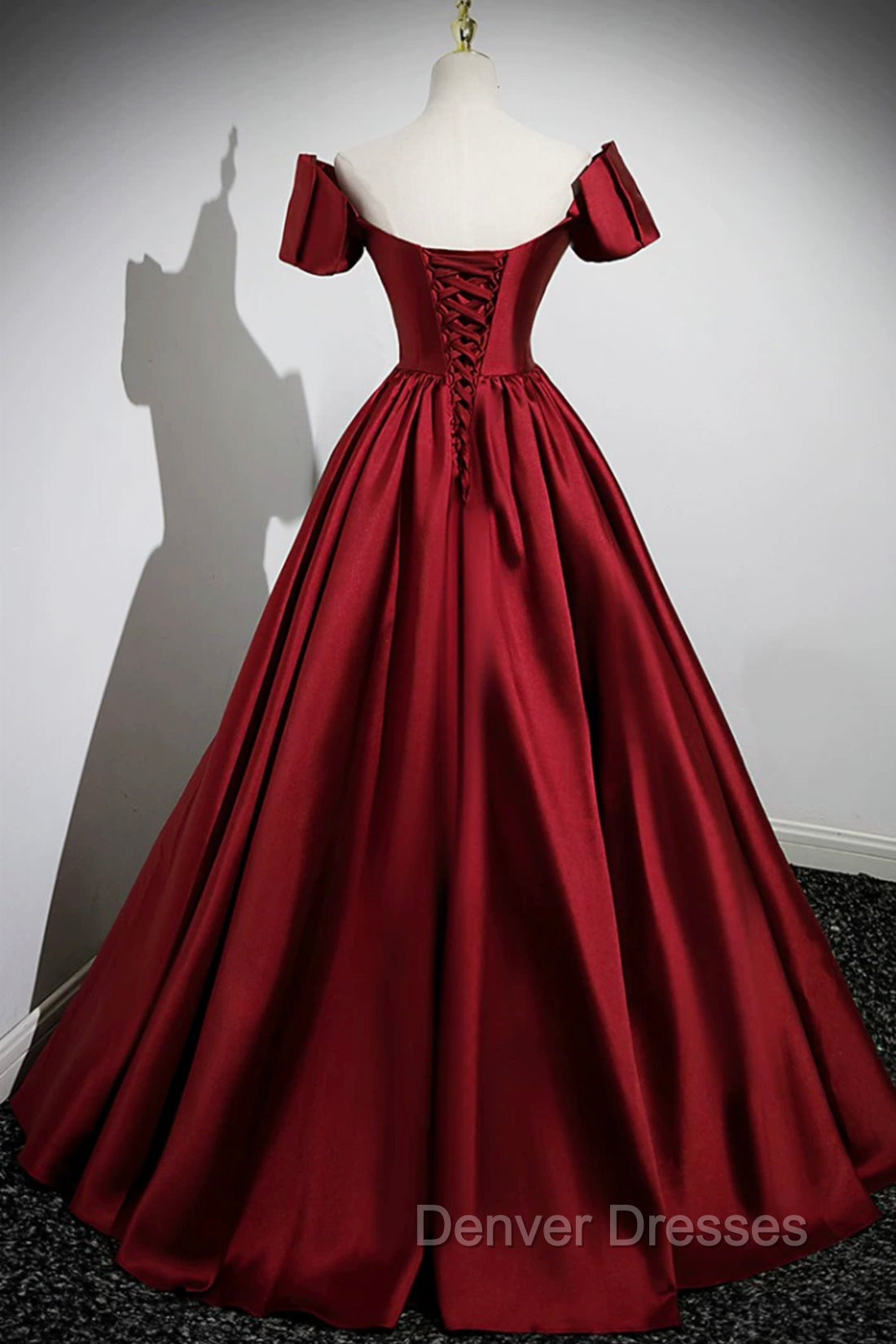 A-Line Burgundy Satin Floor Length Prom Dress, Off the Shoulder New Party Dress