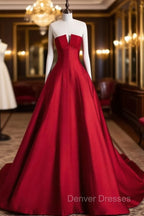 A-Line Burgundy Satin Long Prom Dress, Burgundy Long Formal Dress