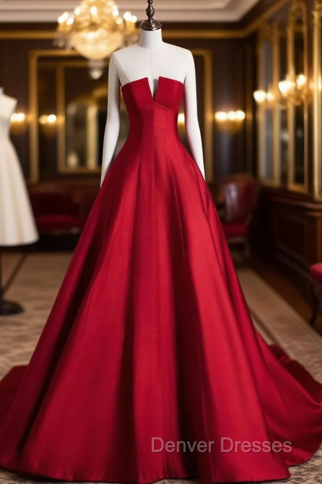 A-Line Burgundy Satin Long Prom Dress, Burgundy Long Formal Dress