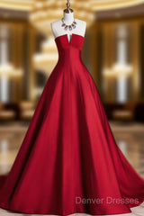 A-Line Burgundy Satin Long Prom Dress, Burgundy Long Formal Dress