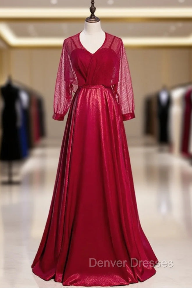 A-Line Burgundy Satin Long Sleeve V-neck Prom Dress