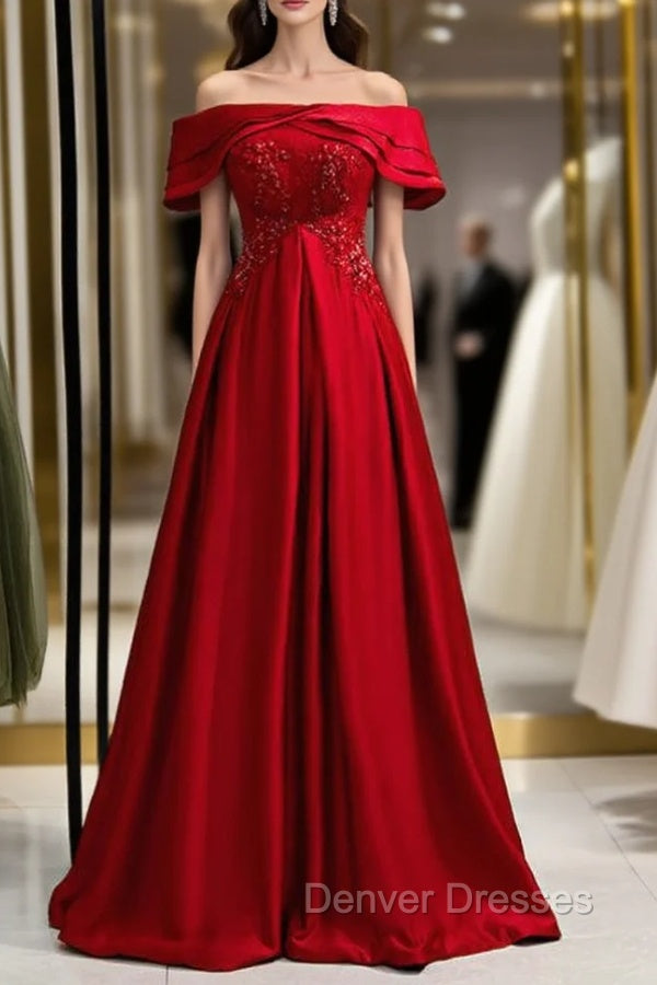 A-Line Burgundy Satin Off the Shoulder Beading Prom Dress Main image