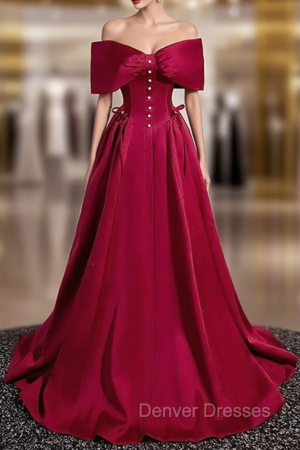 A-Line Burgundy Satin Off the Shoulder Pearls Prom Dress