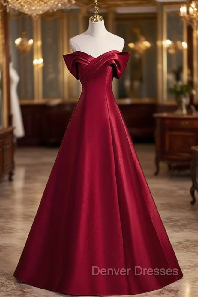 A-Line Burgundy Satin Off the Shoulder Pleats Prom Dress