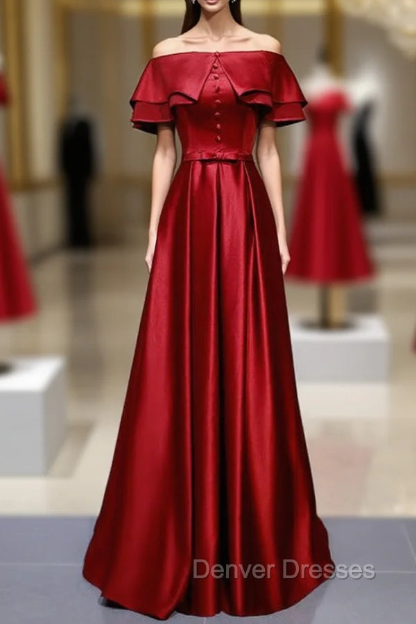 A-Line Burgundy Satin Off the Shoulder Prom Dress With Button