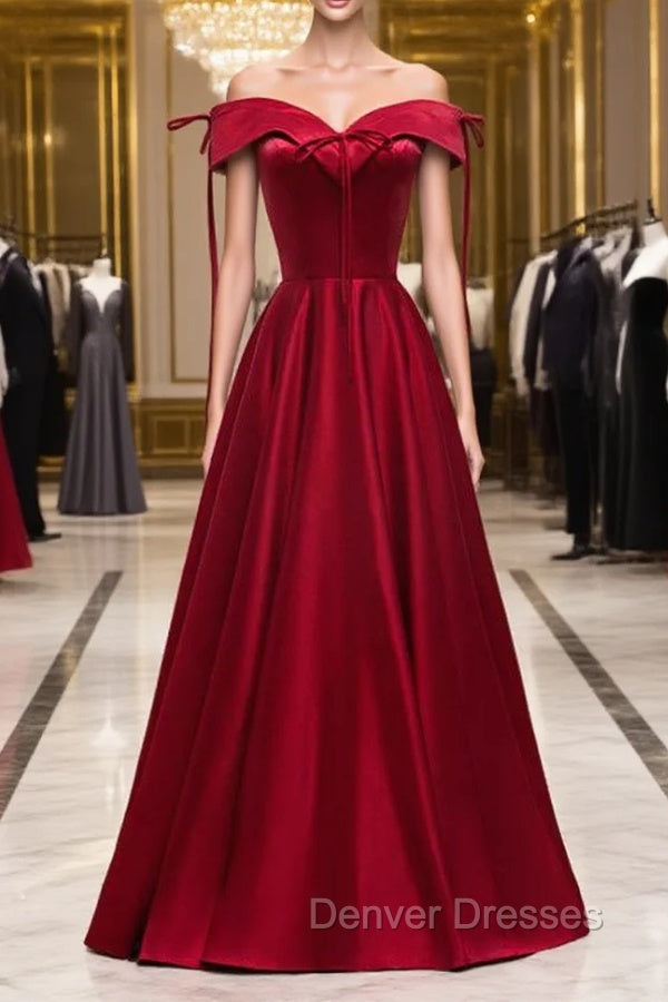 A-Line Burgundy Satin Off the Shoulder Prom Dress Main image