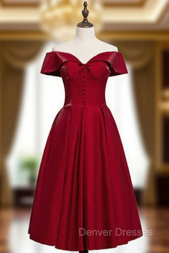 A-Line Burgundy Satin Off the Shoulder Short Tea Length Prom Dress Main image
