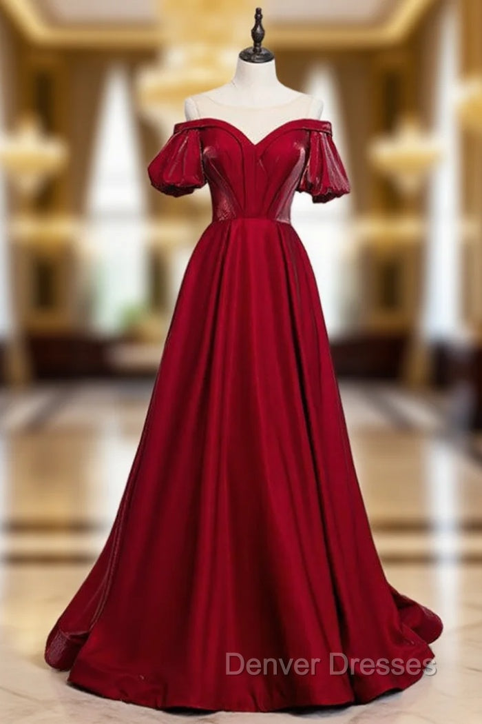 A-Line Burgundy Satin Puff Sleeve Cold Shoulder Prom Dress Main image