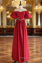 A-Line Burgundy Satin Puff Sleeves Long Prom Dress, Burgundy Formal Evening Dress