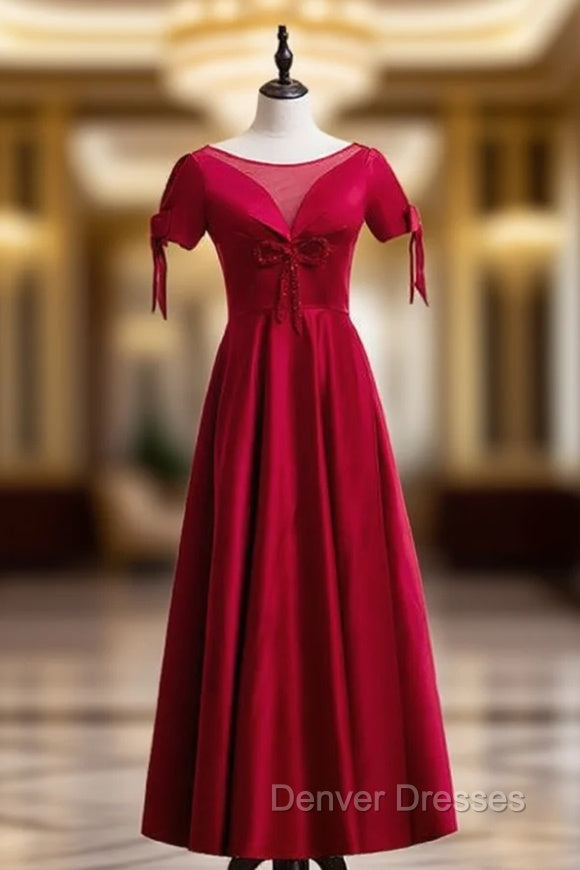 A-Line Burgundy Satin Short Sleeve Beading Prom Dress Main image