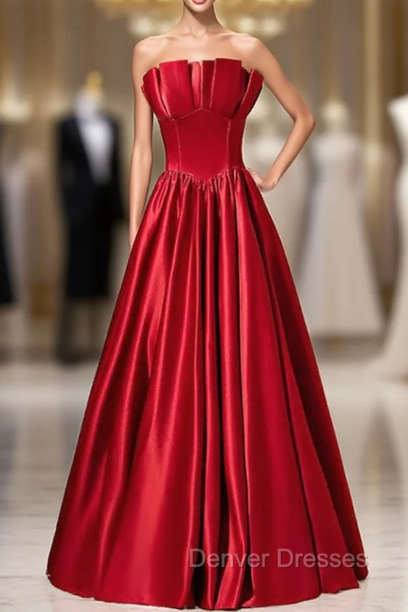 A-Line Burgundy Satin Strapless Pleats Long Prom Dress