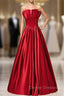 A-Line Burgundy Satin Strapless Pleats Long Prom Dress
