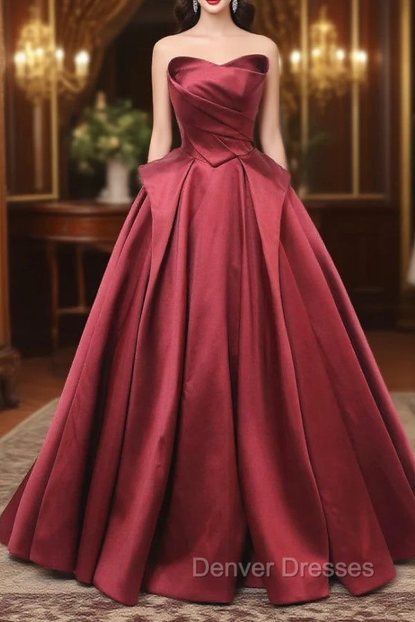 A-Line Burgundy Satin Strapless Pleats Prom Dress Main image