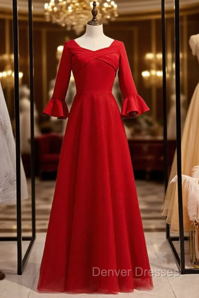 A-Line Burgundy Satin Tulle Half Sleeve Simple Prom Dress