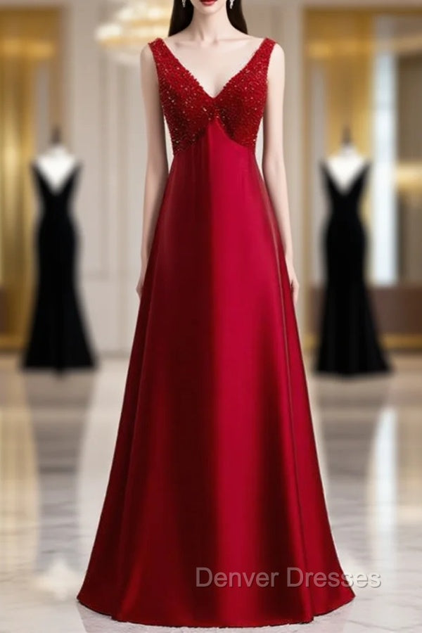 A-Line Burgundy Satin V-neck Beading Prom Dress Main image