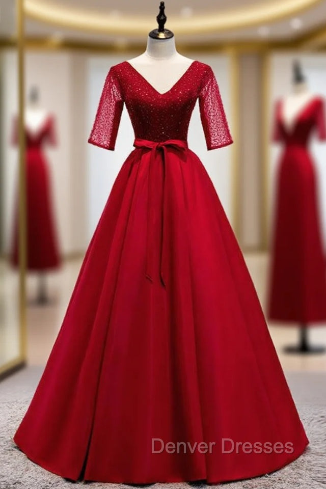 A-Line Burgundy Satin V-neck Short Sleeve Sequins Prom Dress
