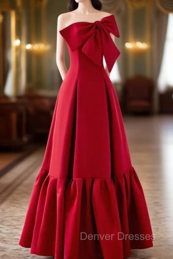 A-Line Burgundy Straples Bow Prom Dress Main image