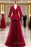 A-Line Burgundy Tulle 3/4 Sleeve V-neck Prom Dress