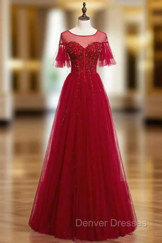 A-Line Burgundy Tulle Beading Sequins Long Prom Dress