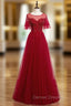 A-Line Burgundy Tulle Beading Sequins Long Prom Dress