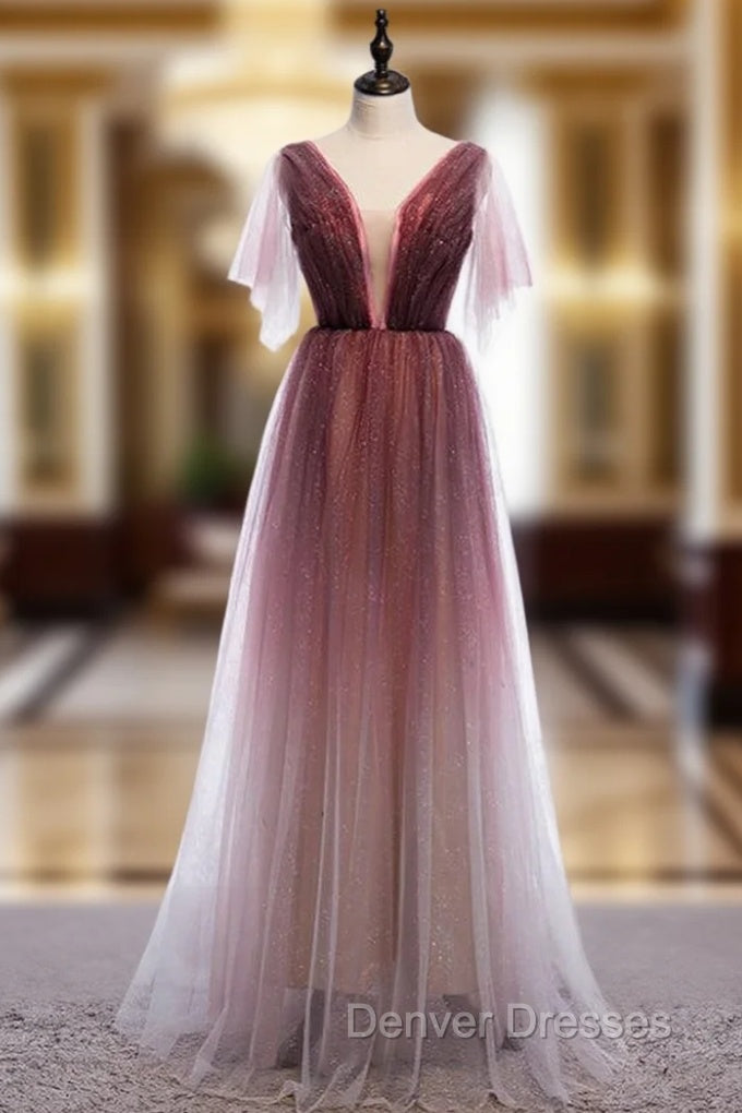 A-Line Burgundy Tulle Deep V-neck Pleats Prom Dress Main image
