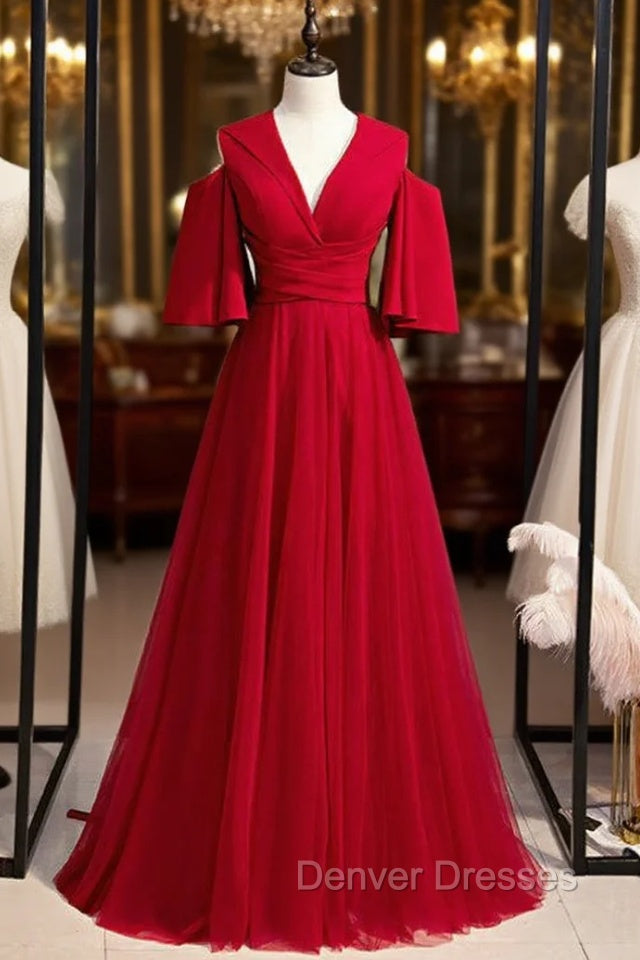 A-Line Burgundy Tulle Deep V-neck Prom Dress