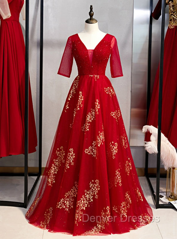 A-Line Burgundy Tulle Gold Sequins V-neck Short Sleeve Prom Dress Main image