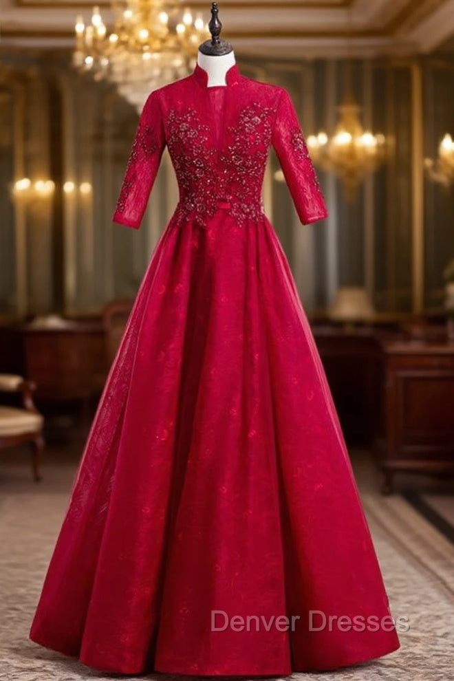 A-Line Burgundy Tulle Lace High Neck Short Sleeve Prom Dress Main image