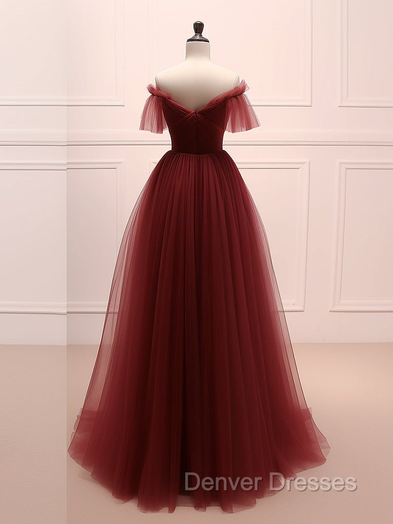 A-Line Burgundy Tulle Long Prom Dress, Burgundy Long Evening Dress Secondary image