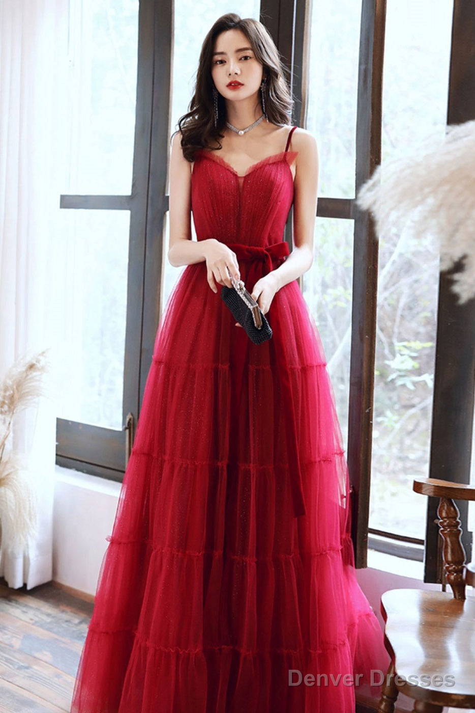 A-Line Burgundy Tulle Long Prom Dresses, Burgundy Formal Evening Dresses Secondary image