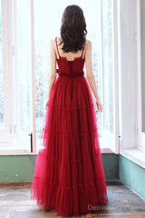 A-Line Burgundy Tulle Long Prom Dresses, Burgundy Formal Evening Dresses