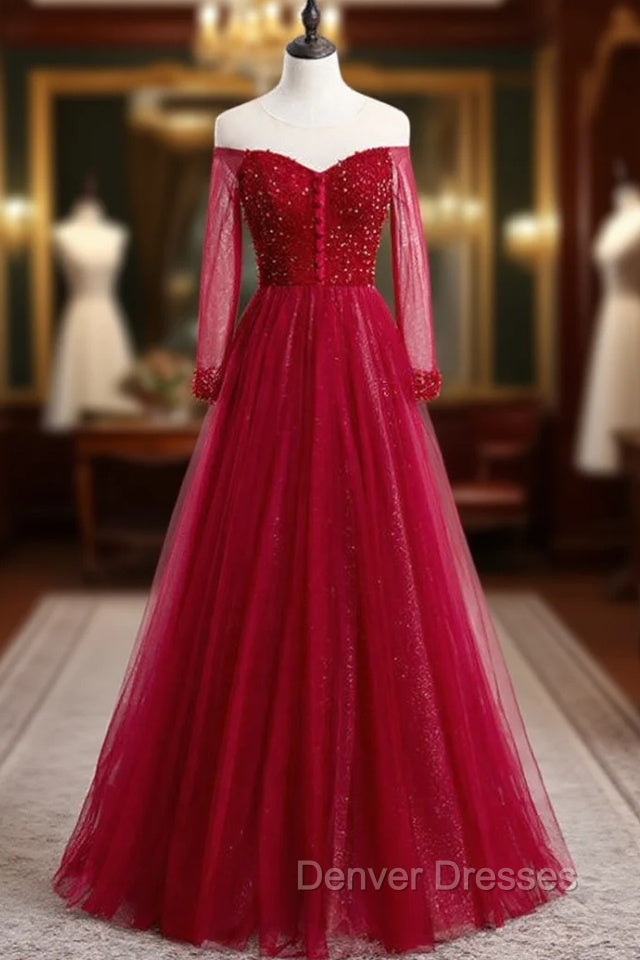 A-Line Burgundy Tulle Long Sleeve Backless Prom Dress With Beading Main image