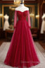 A-Line Burgundy Tulle Long Sleeve Backless Prom Dress With Beading