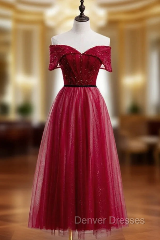 A-Line Burgundy Tulle Off the Shoulder Tea Length Prom Dress